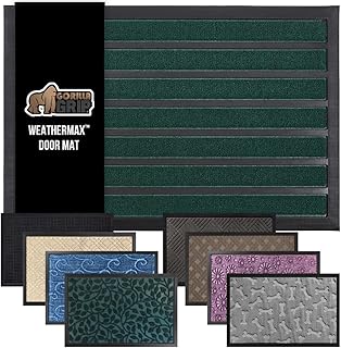 GORILLA GRIP 100% Waterproof All-Season WeatherMAX Doormat US Designed Natural Rubber, Stain and Fade Resistant, Low Profile Indoor Outdoor Door Mats, Easy Clean Patio Mat, 17x29, Green Stripe