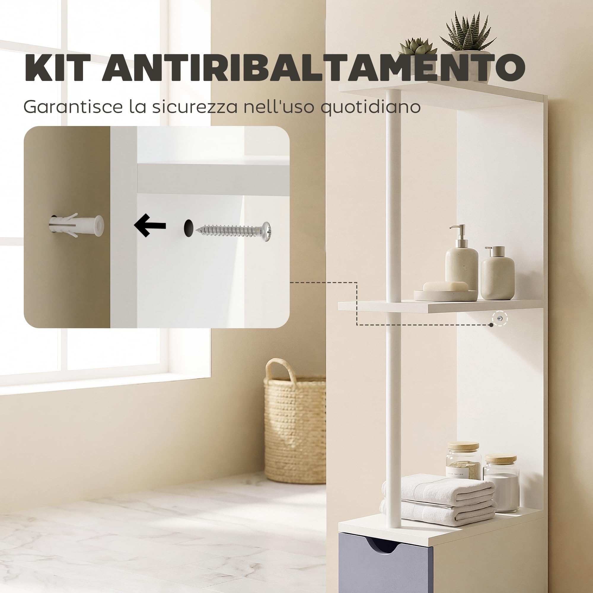 HOMCOM Colonna Bagno, Mobile Bagno Salvaspazio in Legno, Mobiletto con Armadietto, Ripiani e Cassetti, 15x33x136.8 cm, Grigio Chiaro