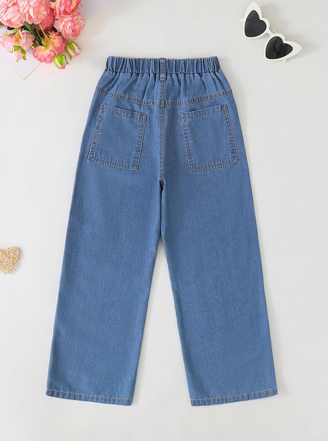 Hilinker Girls Wide Leg Jeans Cute Embroidery Elastic Waist Baggy Denim Pants with Pockets - Image 2