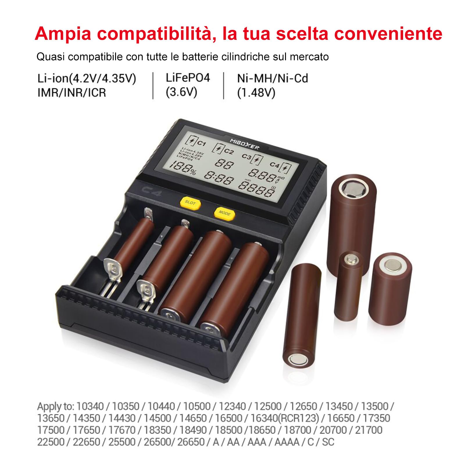 Caricabatteria 18650, Caricatore Universale a 4 Alloggiamenti MiBOXER Smart, Display LCD Automatico, Ricarica Rapida Li-ion LiFePO4 Ni-MH Ni-Cd AA AAA C 18350 18500 18700 20700 21700 RCR123