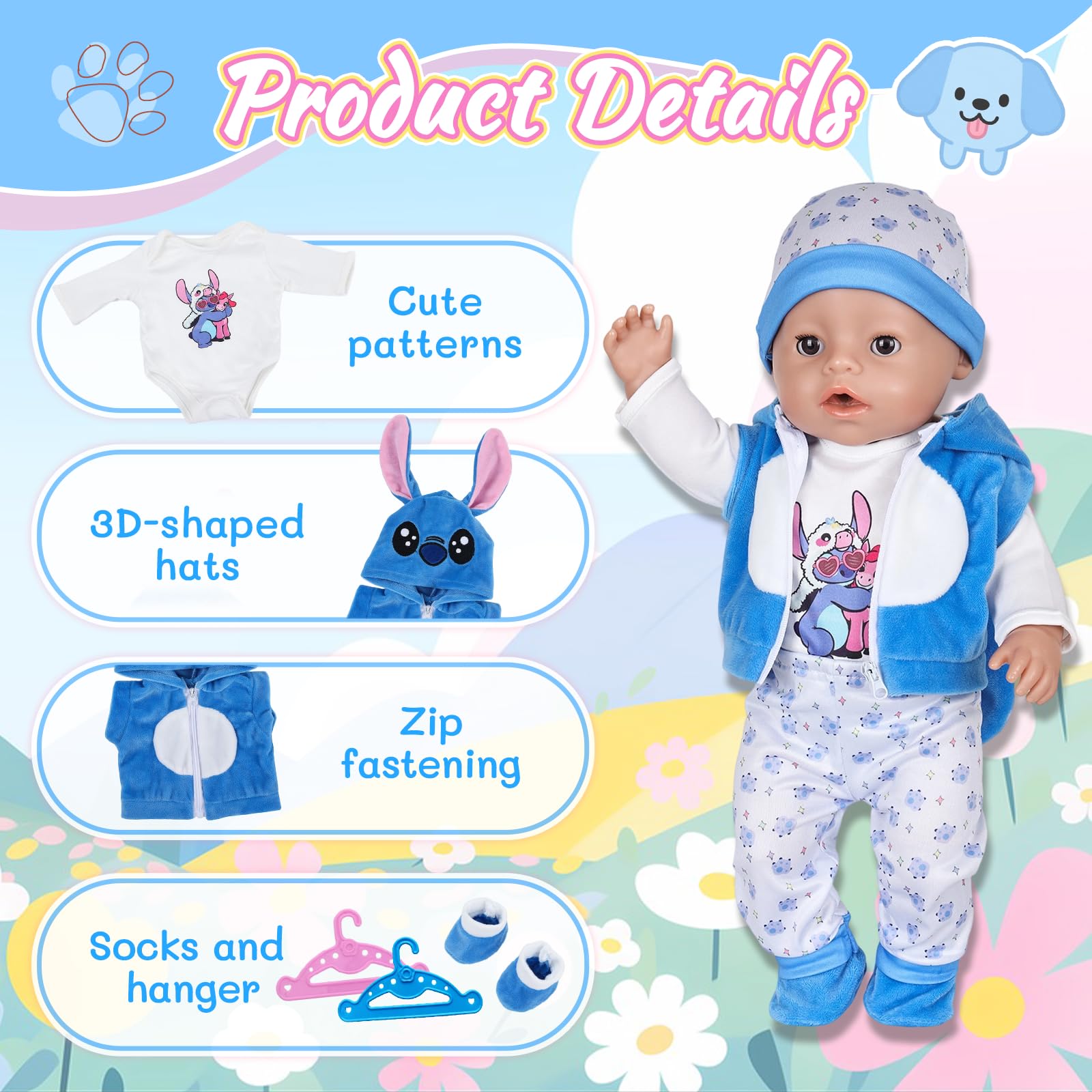 7 Stück Puppenkleidung, Blaue Kleidung Outfit für 35-43 cm Baby Puppen mit Jacke, Oberteil, Hose, Mütze, Socken, 2 Kleiderbügel für 14-18 Zoll Puppen, Baby Zubehör Geschenke für Mädchen Jungen - 3