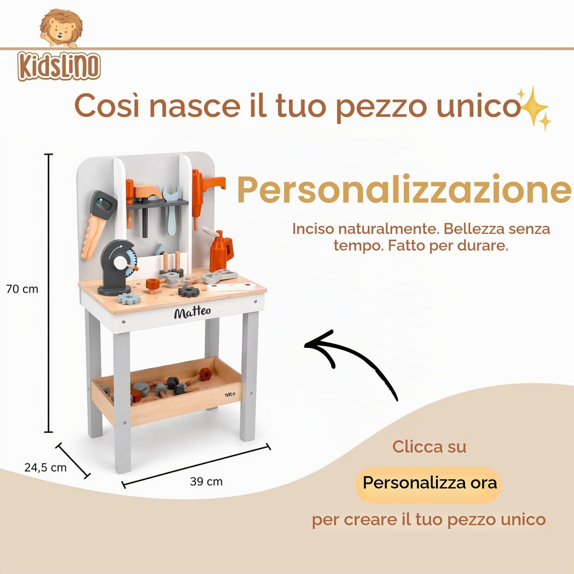 Personalizzato Banco da Lavoro in Legno con Attrezzi – stimola la motricità fine & il gioco di ruolo – per bambini dai 3 anni – personalizzato con il nome – Tryco
