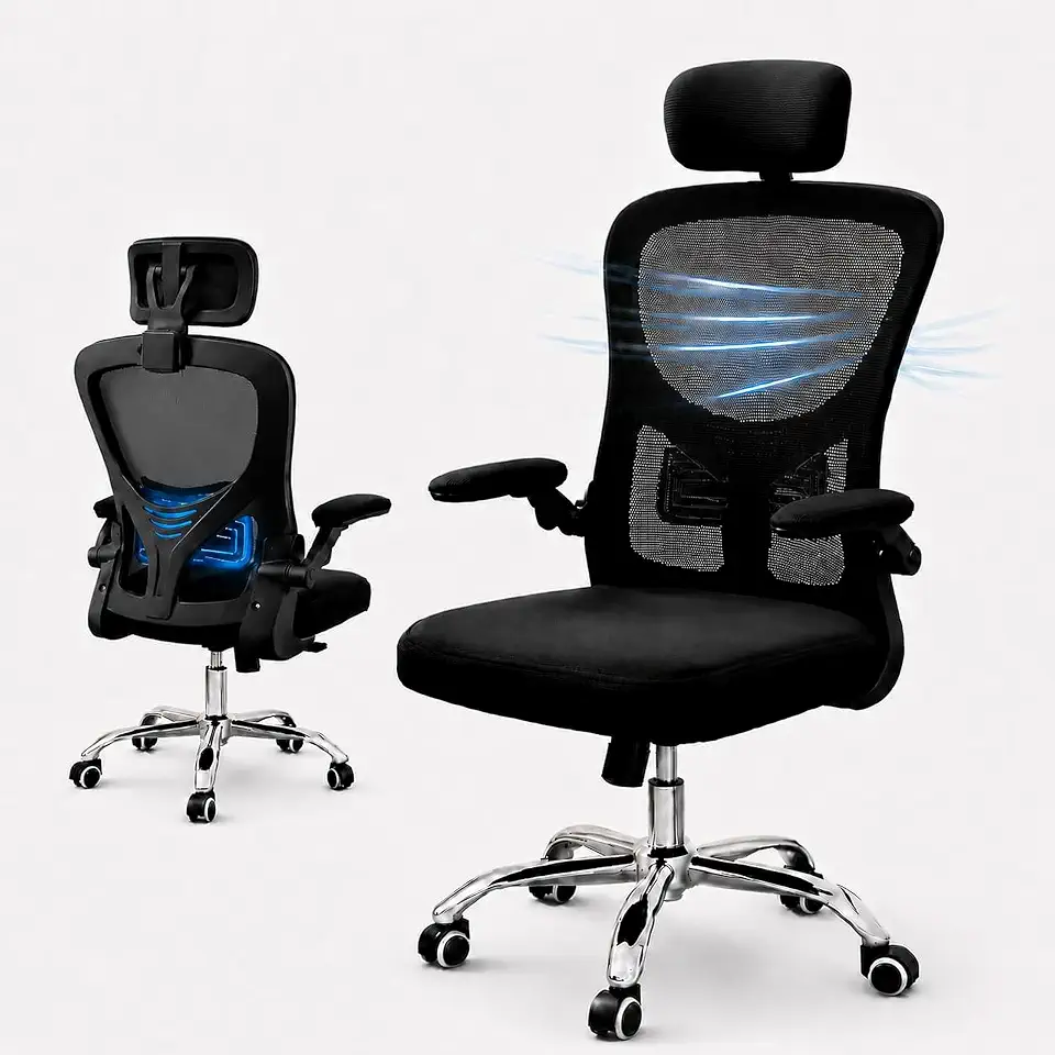 Cadeira de Escritório Ergonômica Premium NR17 Preta Giratória Reclinável 145 Graus com Suporte Lombar Encosto Mesh Respirável Cadeira Gamer Regulagem de Altura e Braços Suporta até 120kg