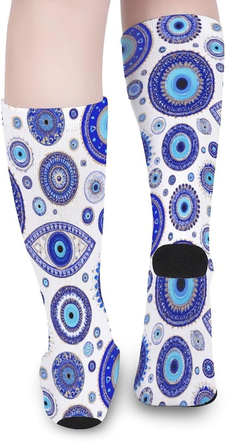 Blue Greek Evil Eyes Knee High Socks Athletic Long Stockings Sport Casual Crew Tube Sock Boot 40cm