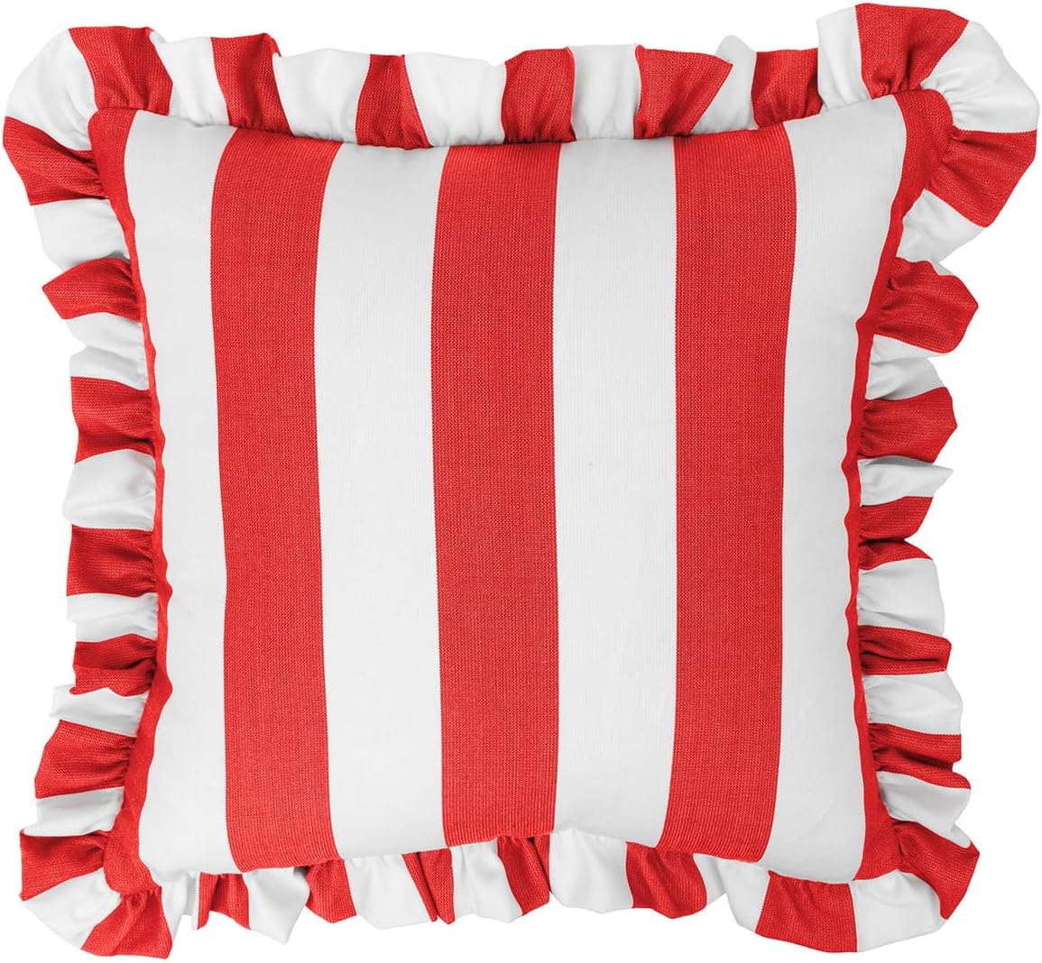 Sherry Kline Cabana Stripe Outdoor Throw Pillow Set of 2, 18x18 Inch Square Decorative Cushions with 2" Ruffle Trim, Reversible Indoor Patio Porch Pool Sofa Accent Pillows, Made in USA – Red/White