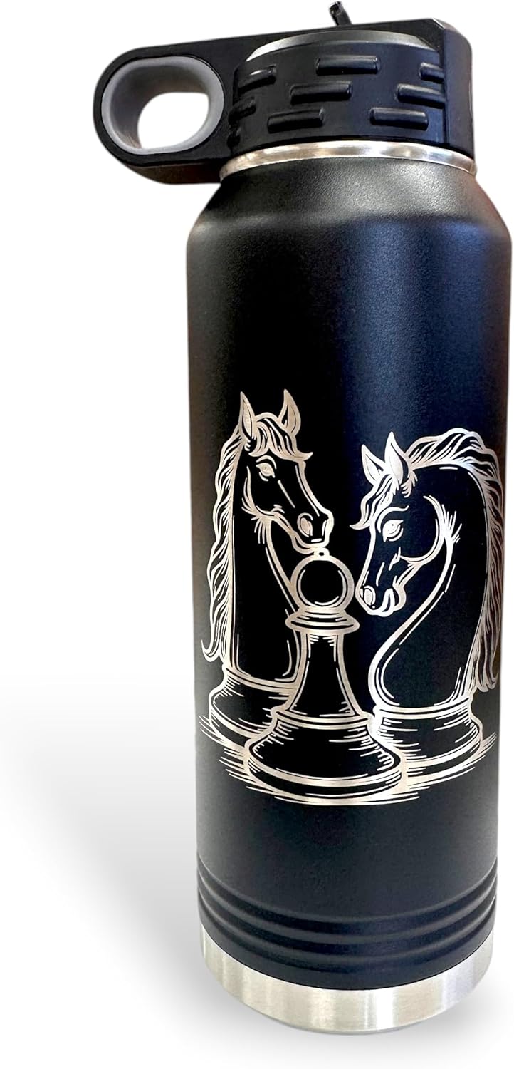 32 oz Water Bottle Chess Lovers Laser Engraved Gift, Horse Design for Chess Players, Stainless Steel 32 oz Chess Themed Drinkware (Black)