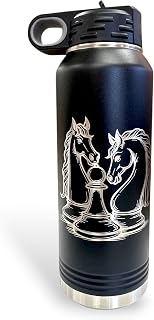 32 oz Water Bottle Chess Lovers Laser Engraved Gift, Horse Design for Chess Players, Stainless Steel 32 oz Chess Themed Drinkware (Black)