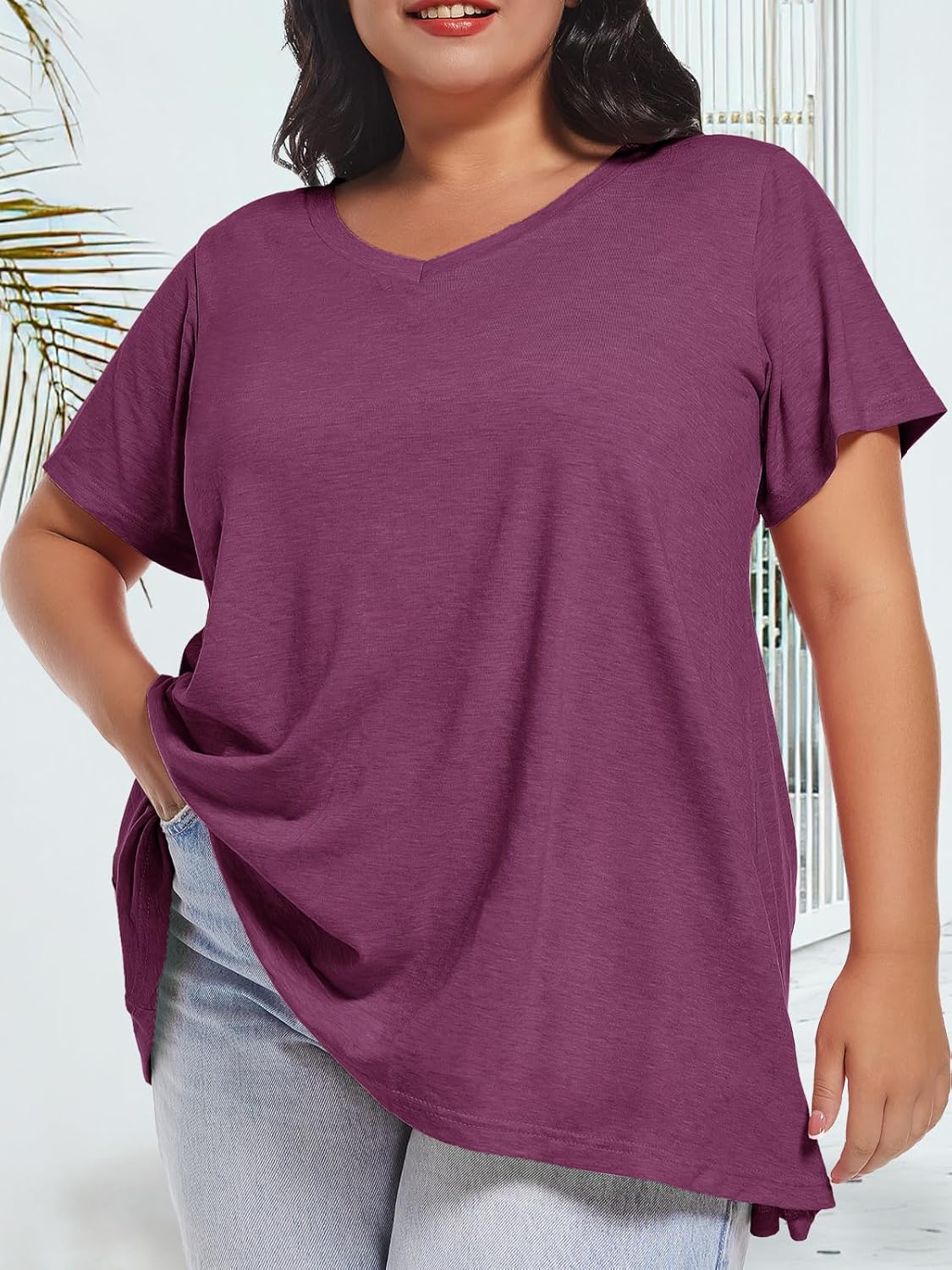 JOELLYUS Plus Size Tops for Women Summer Top Loose Fit Tee Shirts V Neck Short Sleeve Blouse - Image 3