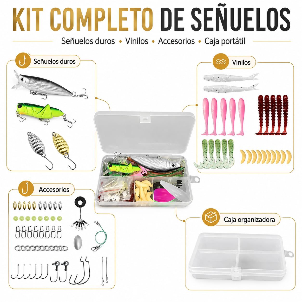 Kit de Señuelos de Pesca Spinning - Caja de Aparejos Completa con Cebos Artificiales Mixtos: Minnow, Saltamontes, Vinilos, Cucharillas y Anzuelos - Equipo de Pesca para Mar y Río (Black Ba — view 2