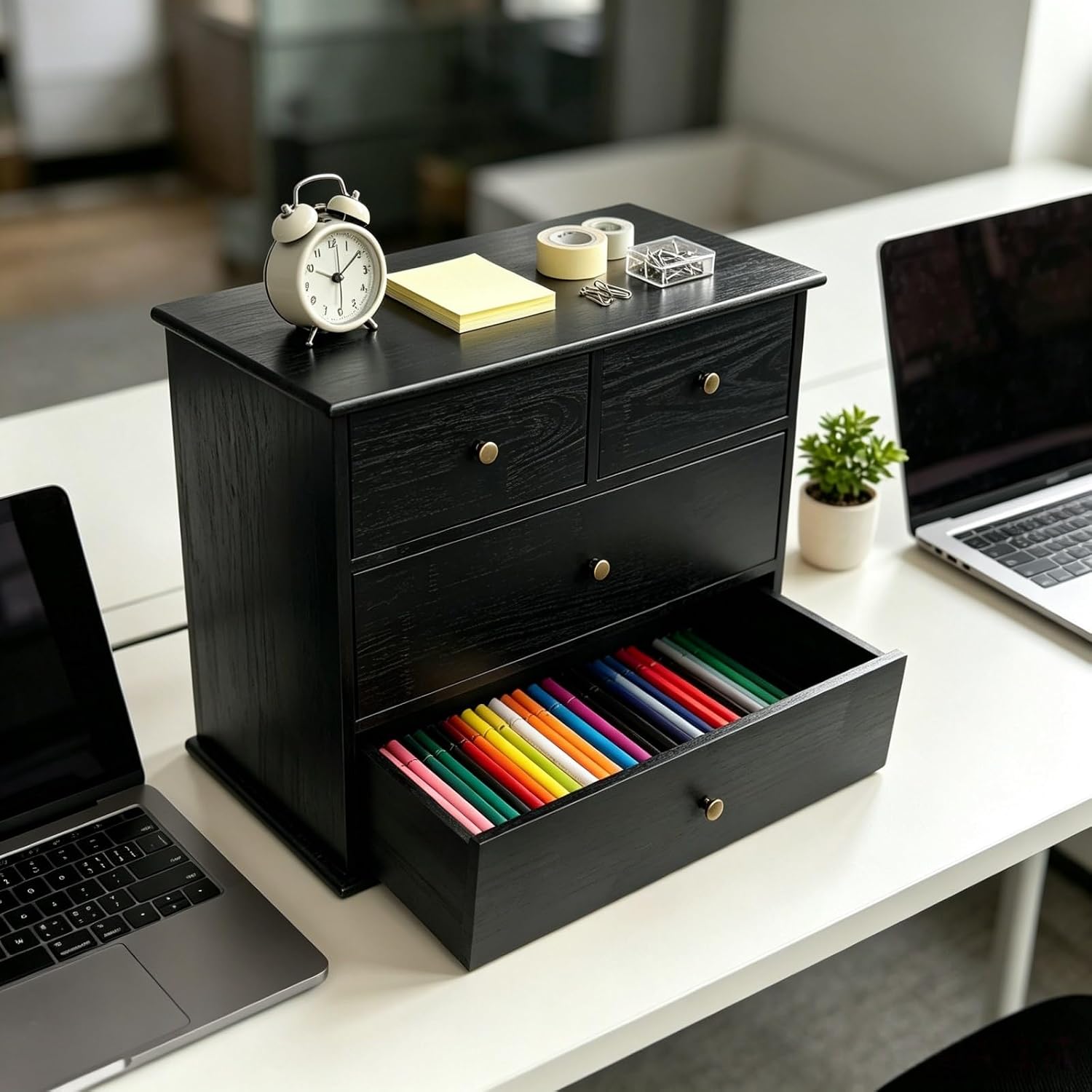 Wooden Drawers Oak Desk Organizer with Drawers，Black | 4 Drawer Wooden Storage Box for Apothecary Cabinet, Desktop Organizer with Metal Handles for Office ，Home