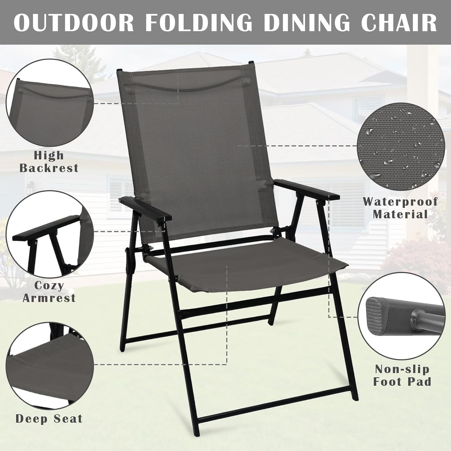 YLGJ&TIDY Folding Patio Chairs Set of 2 Stackable Outdoor Chairs with Armrests Backrest Portable Folding Chair for Patio Garden Camping Fishing Yard Lawn，No Assembly (Gray, 2 Pcs)