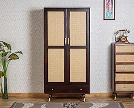 Space Galaxy Furniture Solid Sheesham Wood Rattan Cane Wardrobe | 2-Door Almirah with 3 Drawers, 6 Storage Shelves, 1 Hanging Rod Space | Wooden Cupboard, Bedroom Size (35.5X21.5X73 INCH) Walnut