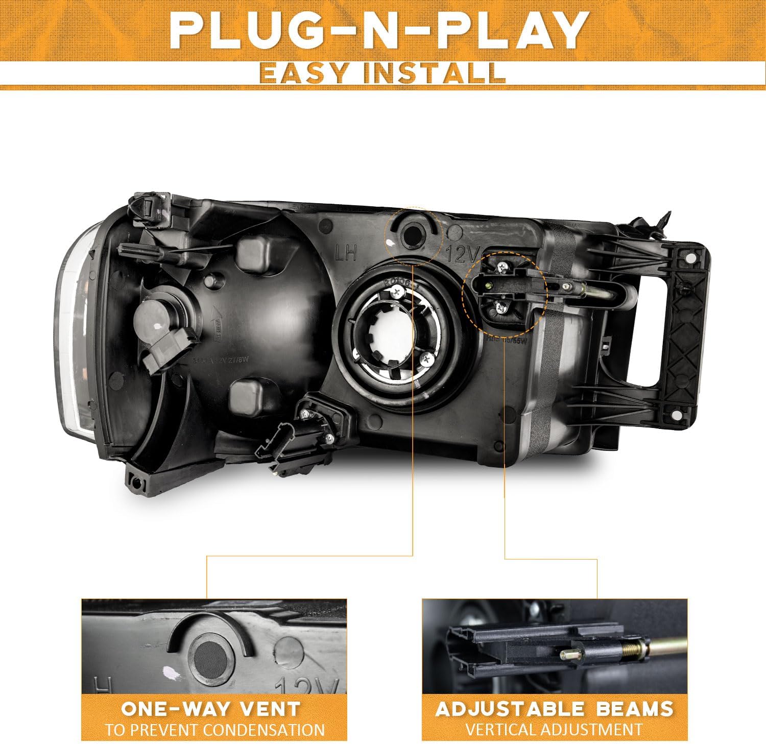 WEELMOTO Headlights Assembly for 2002-2005 Dodge Ram 1500 Pickup Headlight Replacement for 03-05 Dodge Ram 2500/3500 Pickup Black Housing Amber Reflector L&R