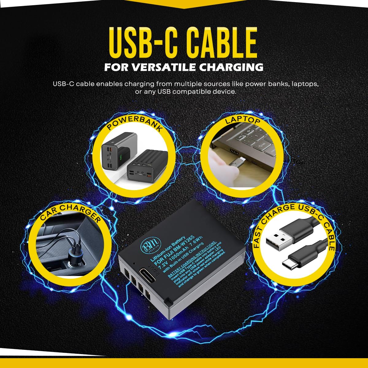 BM 1 NP-W126S Battery with Built-in Charging Port Compatible with Fujifilm FinePix X Half, X-E5, X-100F, X-100V X100 VI, X-S10 X-H1 X-T3 X-T10 X-T20 X-T30 X-T30 II X-T30 III X-T50 X-T100 XT-200 Camera - Image 4