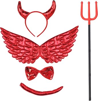 5 Pieces Red Devil Costume Set Halloween Devil Costume Accessories Devil Wing Devil Horn Headband Devil Tail Devil Bow tie and Devil Fork Cosplay Accessory Kit Halloween Party