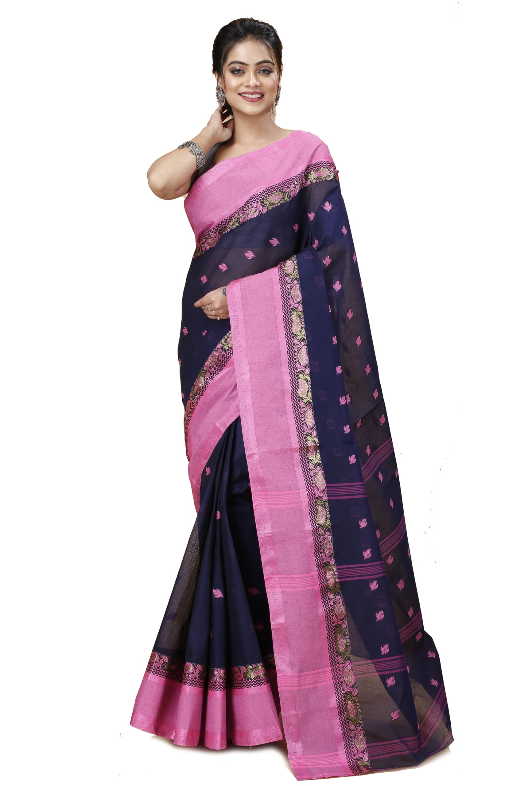 Women's Traditional Bengal Tant Pure Cotton Design Border & Butta Tant Saree Without Blouse Piece