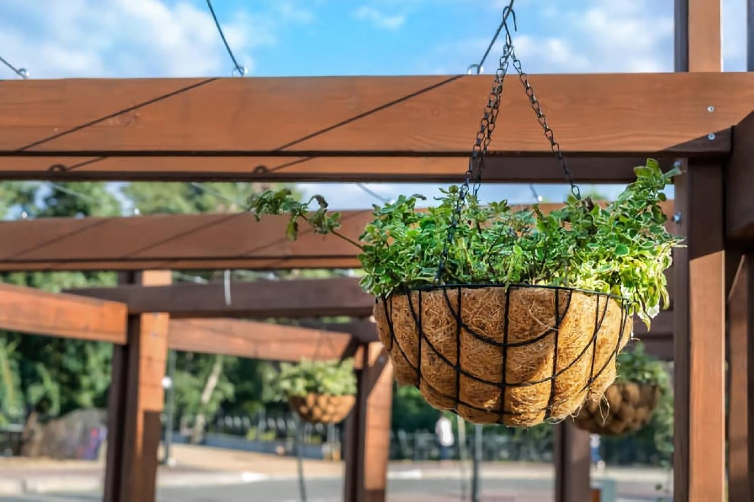 Hanging Planter Basket with Coir Liner, Wire Plant Pot Outdoor with Chain, Porch Decor Flower Pots Hanger Garden Decor Indoor Outdoor Watering - Grid Pattern, 12 Inch, 2 Pack