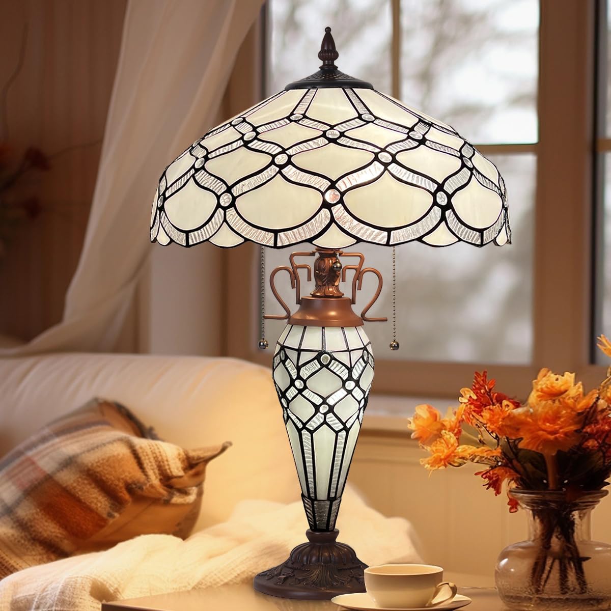 Tiffany Table Lamp with Nightlight,16 inch Large Stained Glass Table Light,Antique Style White 3-Lights Desk Lamp for Living Room Bedroom Office