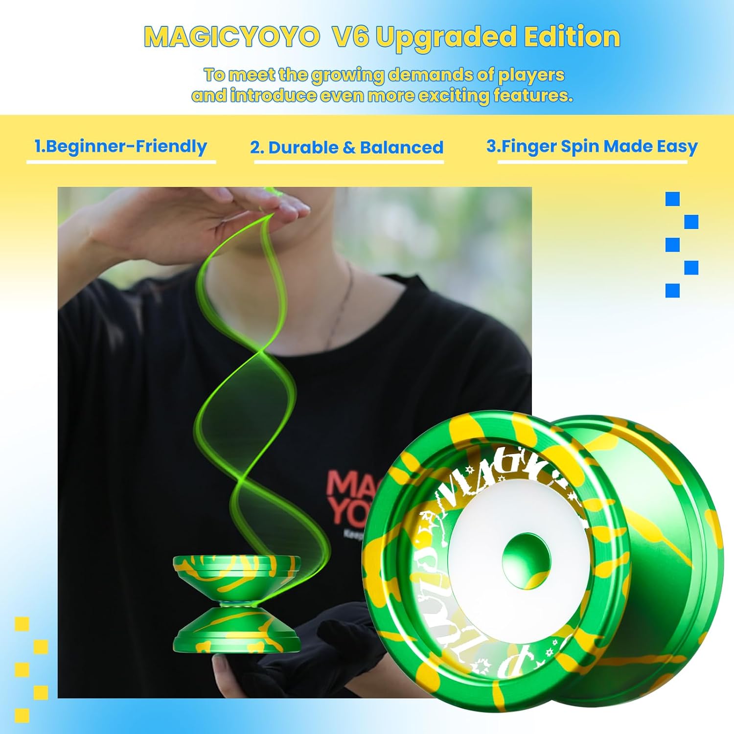MAGICYOYO V6S LOCUS Responsive Yoyo for Kids, Professional FingerSpin Yo Yo Trick for Adults, Dual Purpose Design with Unresponsive Yoyo Bearing+12 Yo-yo Strings+Bearing Tool+Case Bag (Green Yellow)