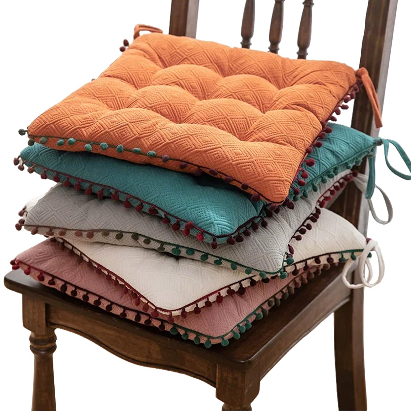 Coussin de chaise de cuisine en velours touffeté doux avec attaches et bordure