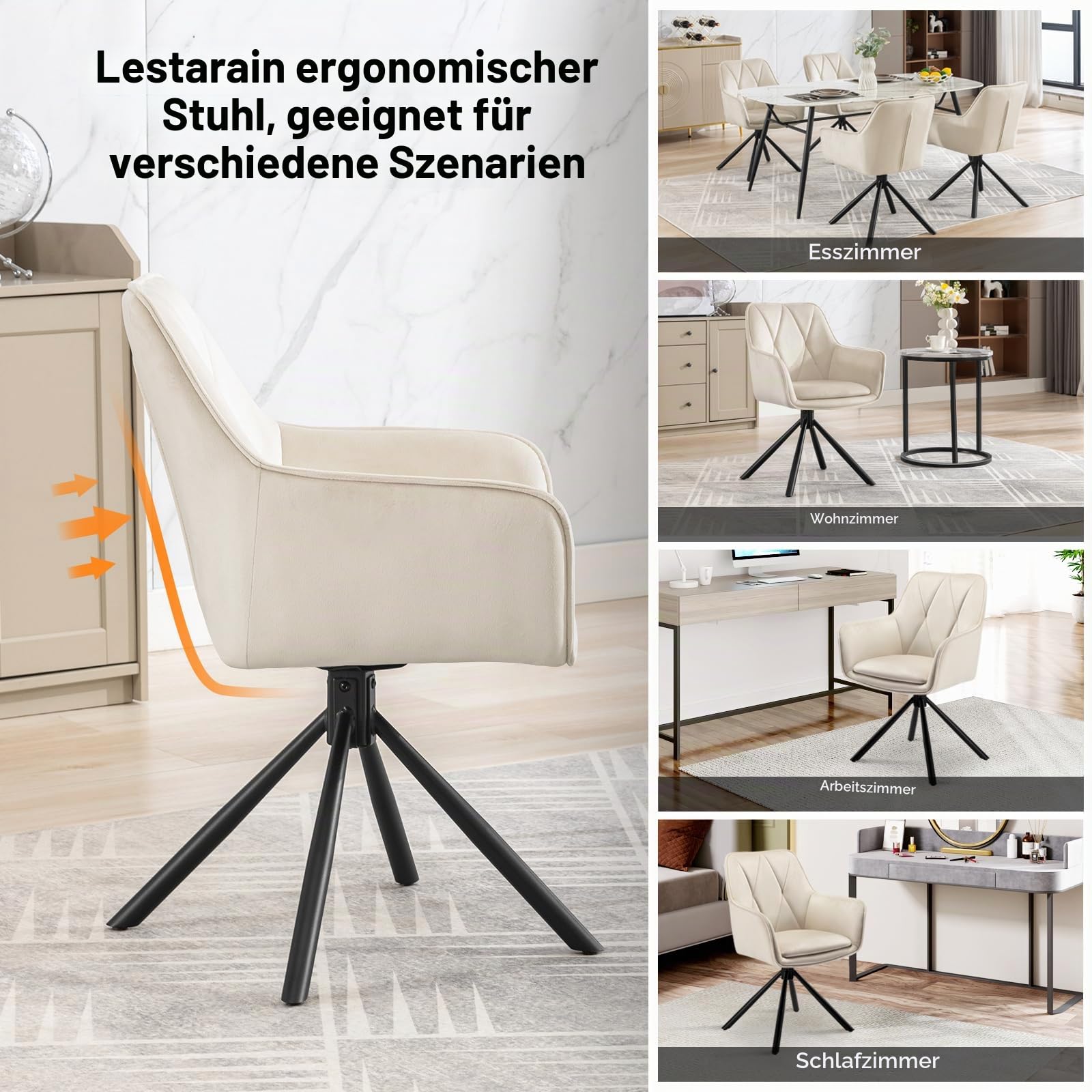 Lestarain Esszimmerstühle drehbar 2er Set, für Schlafzimmer Küche Wohnzimmer, Küchenstühle gepolstert mit Armlehnen Rückenlehne, Metallbeinen, Samt, Beige