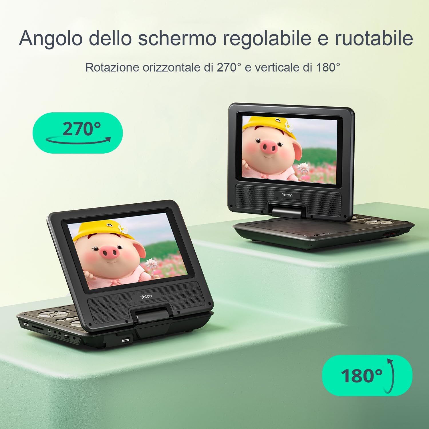 Yoton Lettore DVD Portatile 9,5" HD Schermo Girevole 7,5" Batteria 6 Ore Senza Regione Altoparlanti Potenziati Multiformato Dischi SD USB Sync TV Proiettore