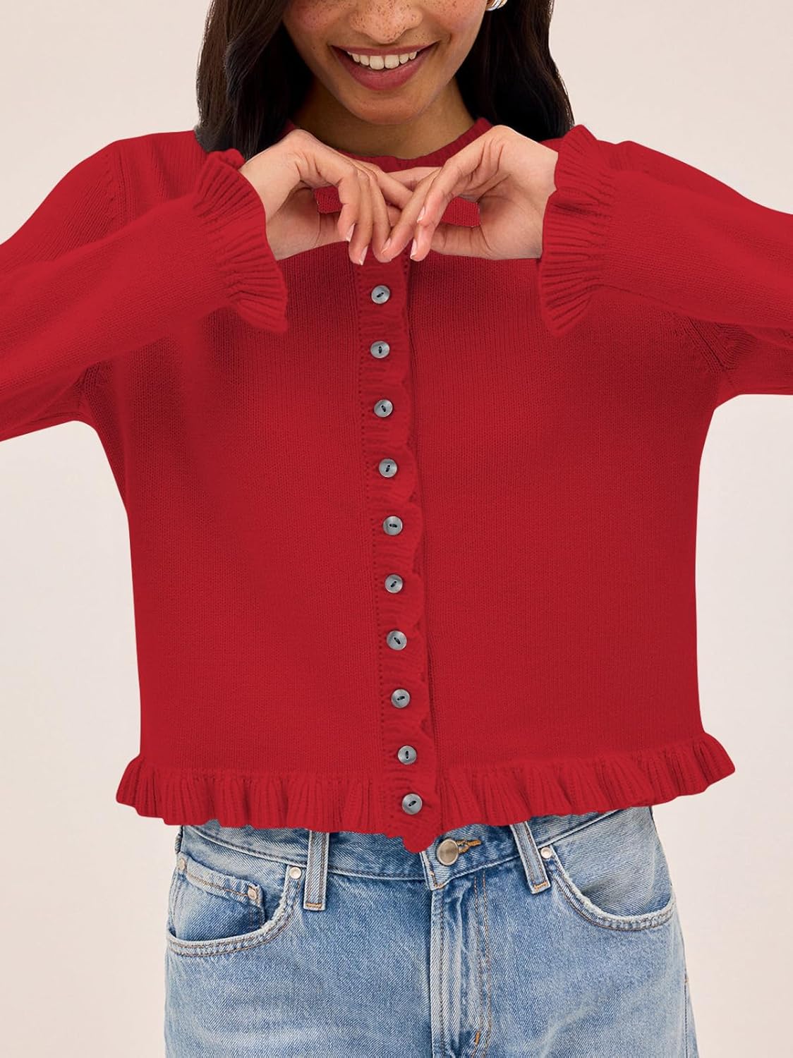 Balimtoy Womens Cropped Ruffle Cardigan Lightweight Crewneck Long Sleeve Button Down Cotton Fall Sweaters Cute Knit Top - Image 2