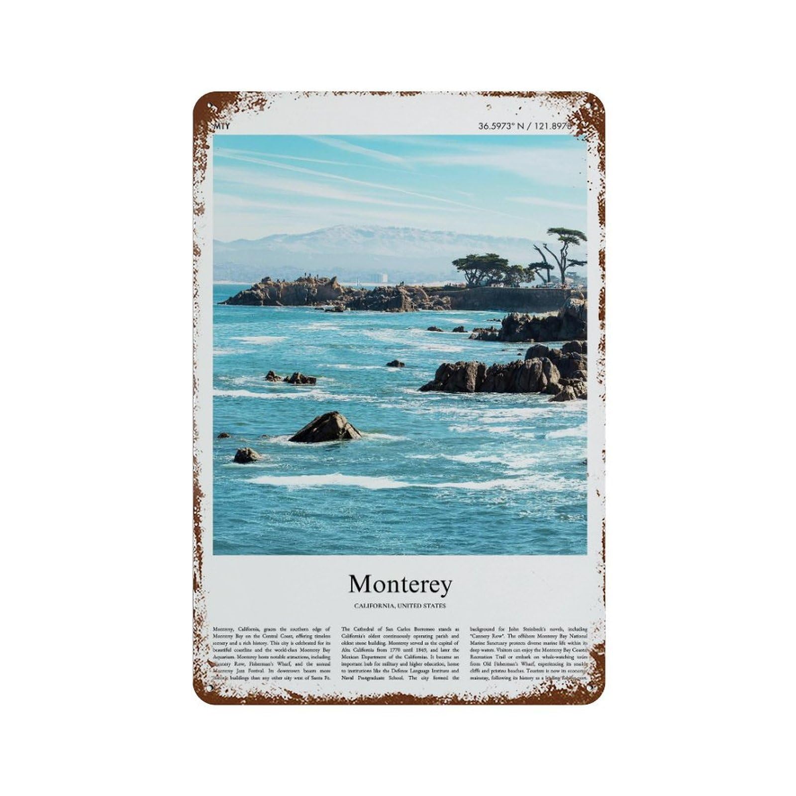 xiaoxiaoshen Monterey California, United States, USA City Scenery Wall Decor Art Metal Tin Poster Modern Home Decor Art Home Bar Shop Decorations Vintage Sign 30x20cm