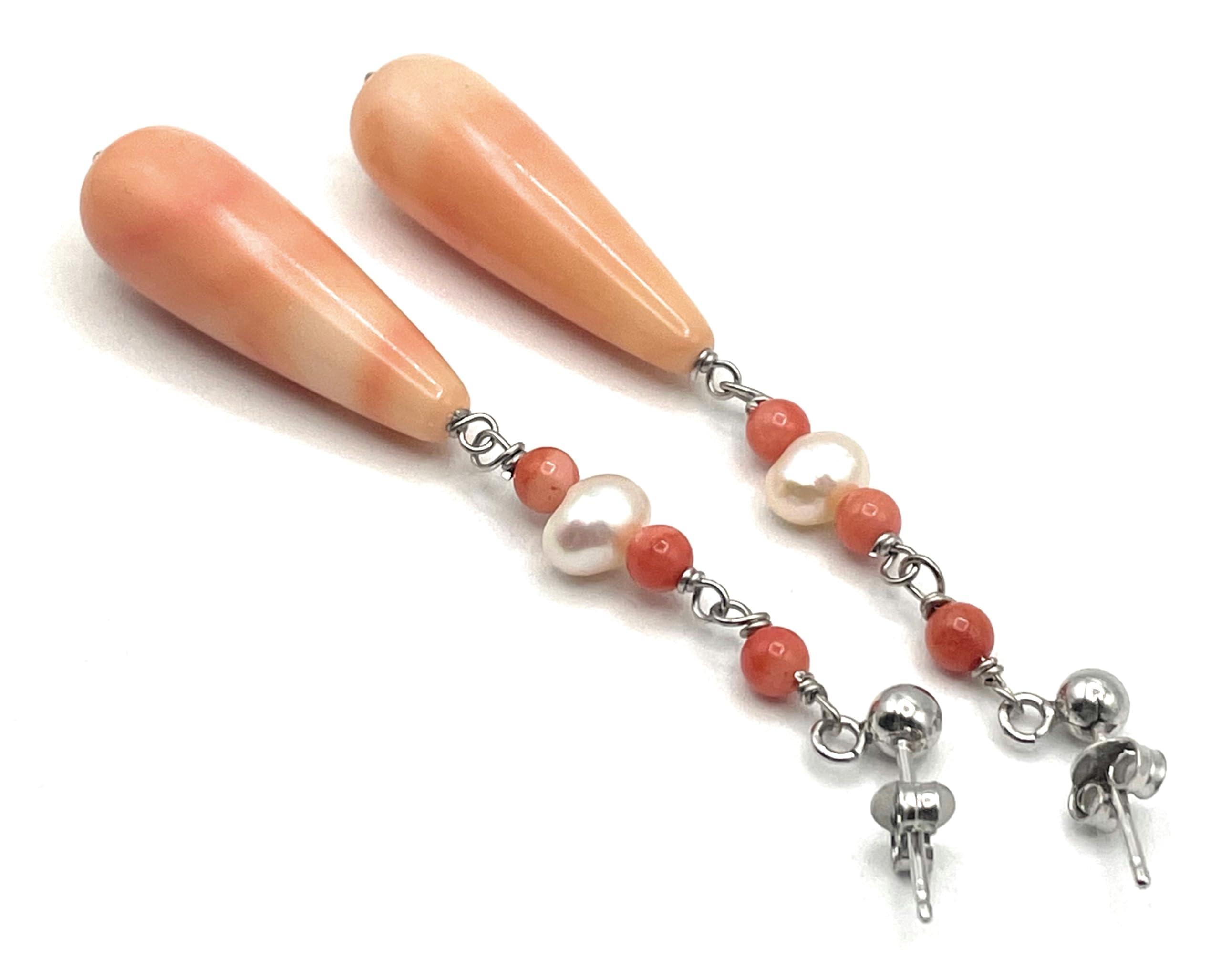 Orecchini Corallo Rosa e Perle Naturali, Pendenti in Argento 925 Made in Italy, Gioielli Pietre Dure, Bijoux Artigianali, Regalo per Lei