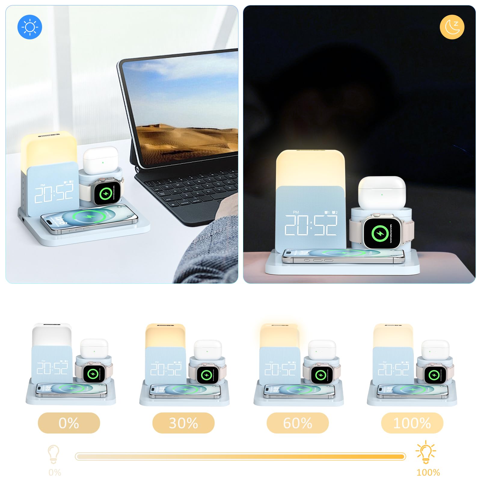 COLSUR Stacja ładująca 3 w 1 do Apple Watch iPhone Airpods, 15 W, szybka bezprzewodowa ładowarka do iPhone 17/16/15/14/13, lampka nocna z funkcją ładowania, budzik ze stacją ładującą, akcesoria do