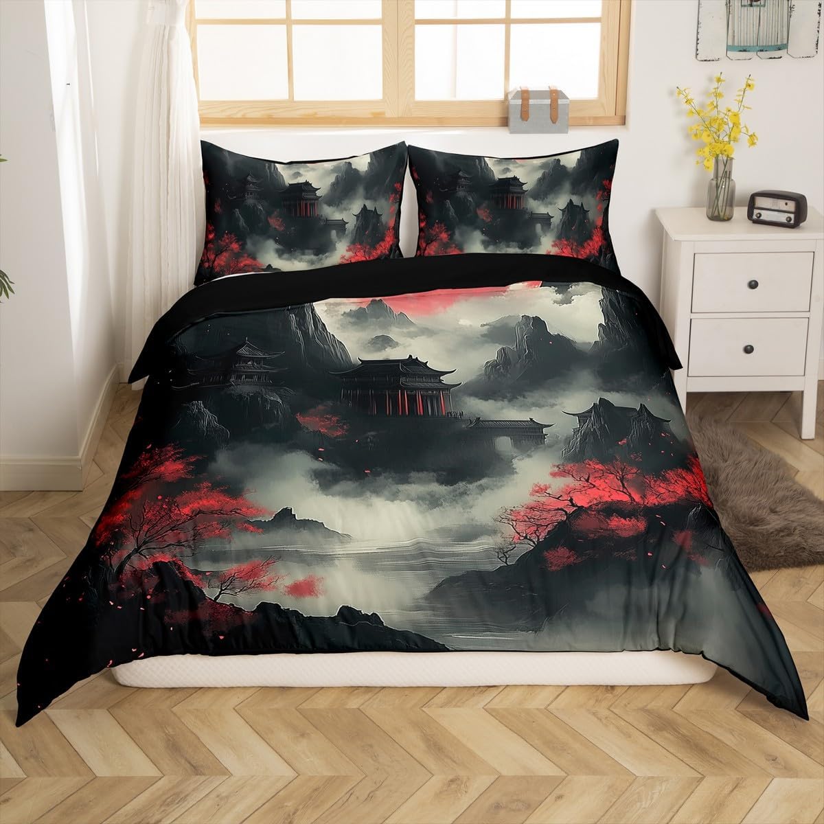 jejeloiu Japanese Style Duvet Cover Toddler Size Kids Red Cherry Blossoms Comforter Cover Set for Boys Girls Teens Smoky Mountain Sun Bedding Set Breathable Ink Painting Bedspread Cover Quilt Cover