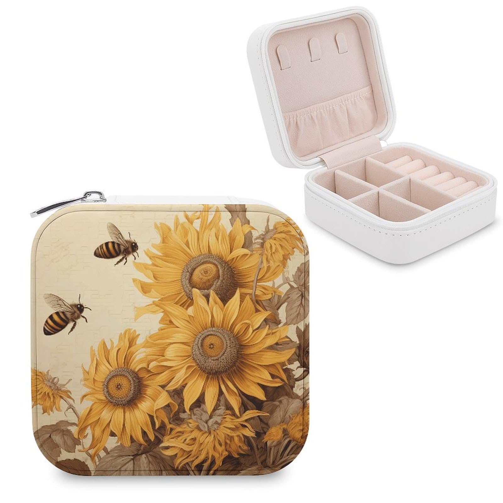 VstaDank Bees And Sunflowers on Old Paper Travel Jewelry Case Zipper Portable Small Jewelry Box Custom Pu Leather Mini Traveling Jewelry Organizer for Rings Earrings Necklace Bracelet Girls Women