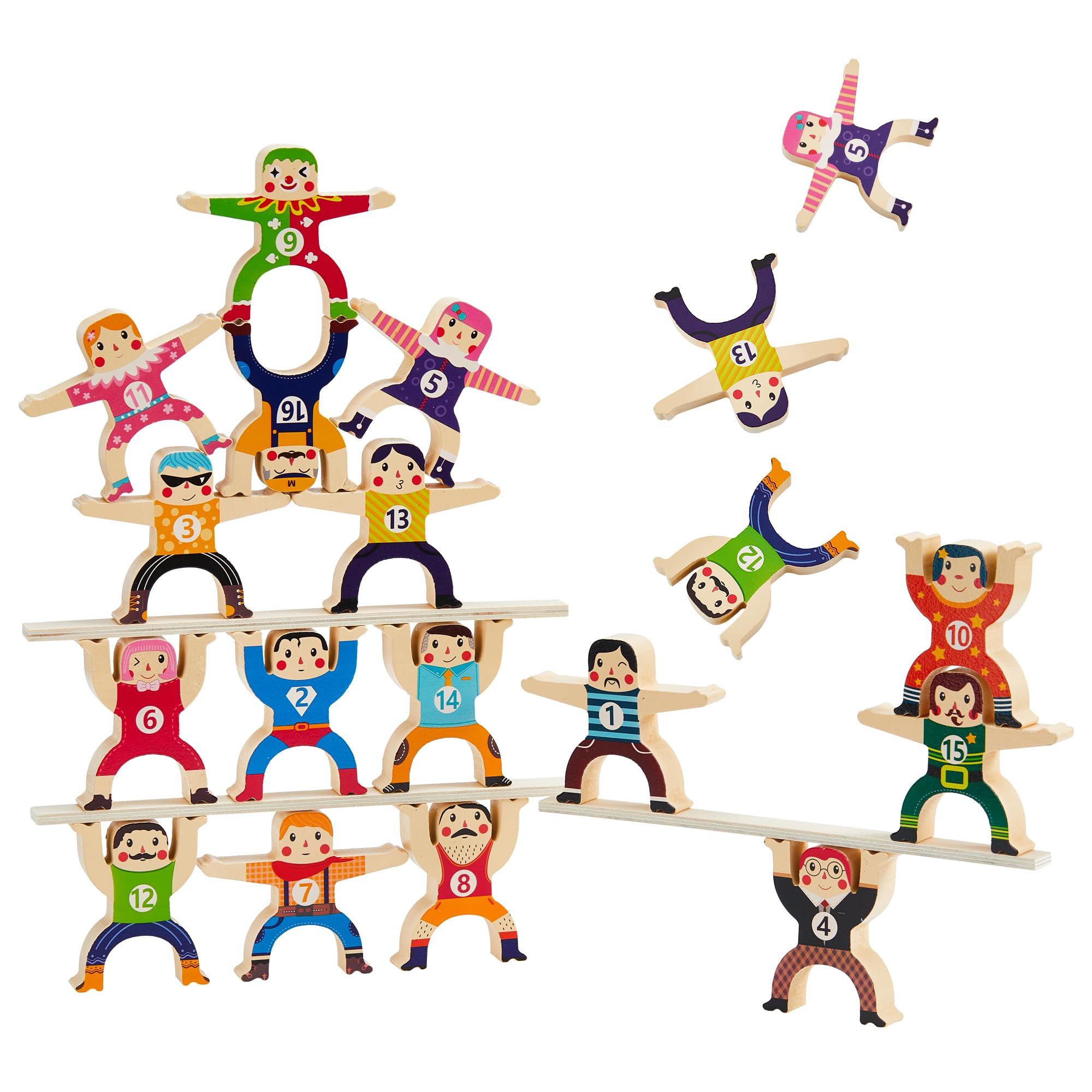 HELLO PAPAYA Wooden Stacking Toys 16Pcs Balancing Building Blocks Game,Circus Hercules Acrobatic Troupe Interlock Toy,for 3 4 5 6 Years Old Kids