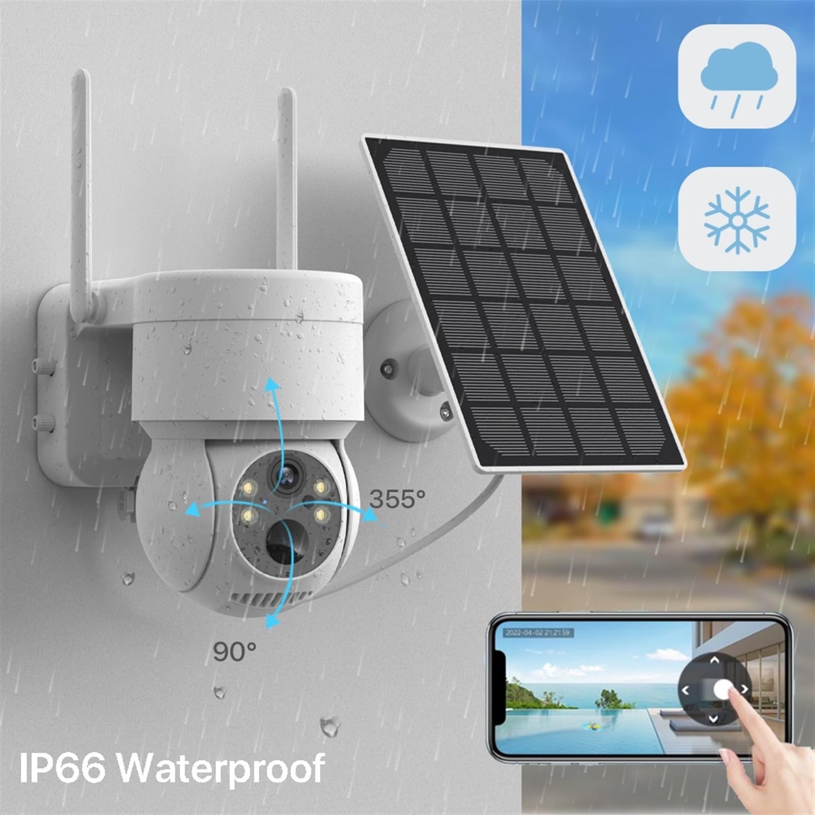 Telecamera WiFi Esterno, Telecamera PTZ Telecamera IP Solare Wireless Esterna 4MP HD Telecamera di videosorveglianza con Batteria incorporata Standby prolungato,Sicurezza, Antifurto(64G)