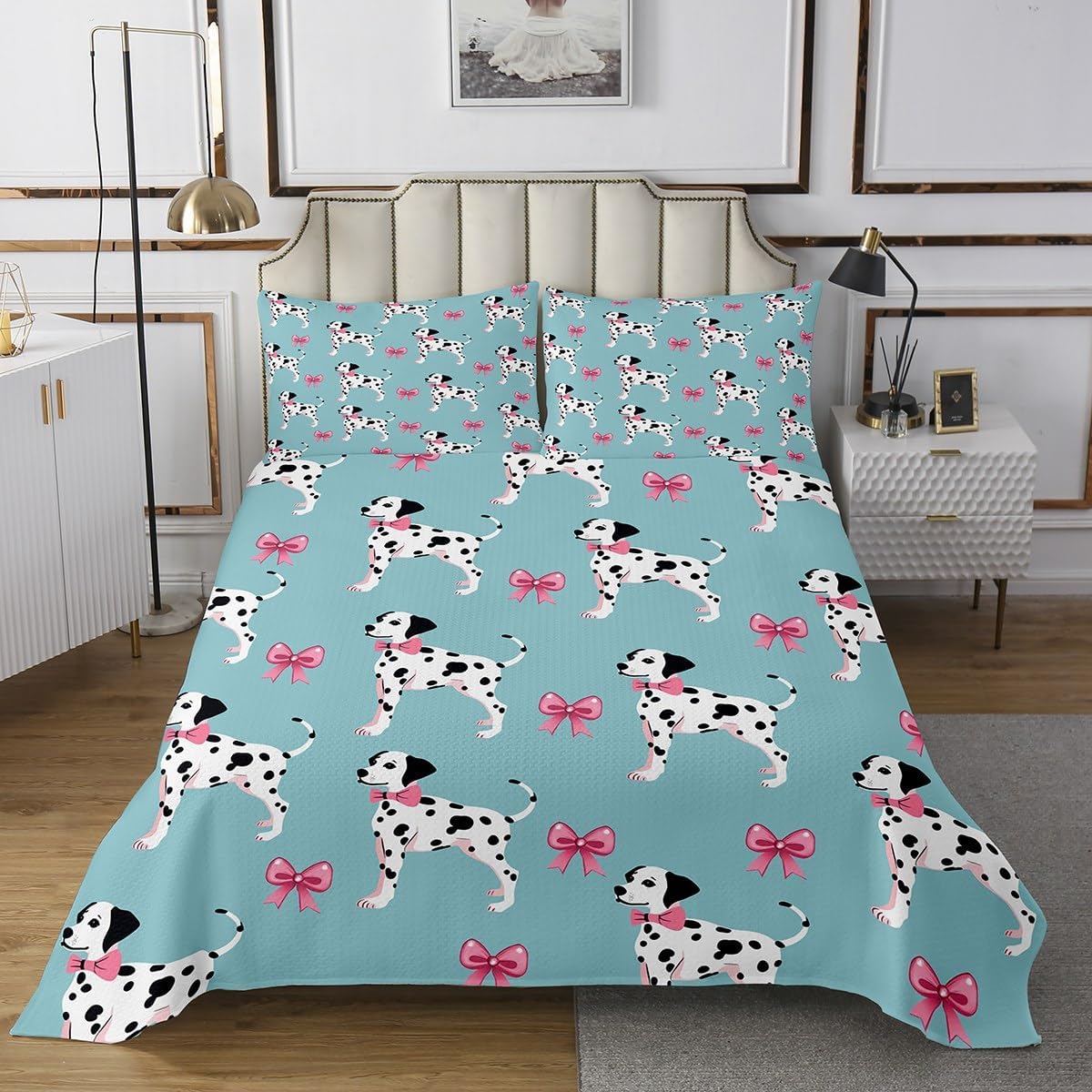 Erosebridal Dalmatian Twin Bedding Set,Spotted Dog Bowknot Quilt for Kids Girls Teen,Cute Pink Bow Knot Quilts Bed Set,Kawaii Puppy Dog Bedspread Room Decor with 1 Pillowsham