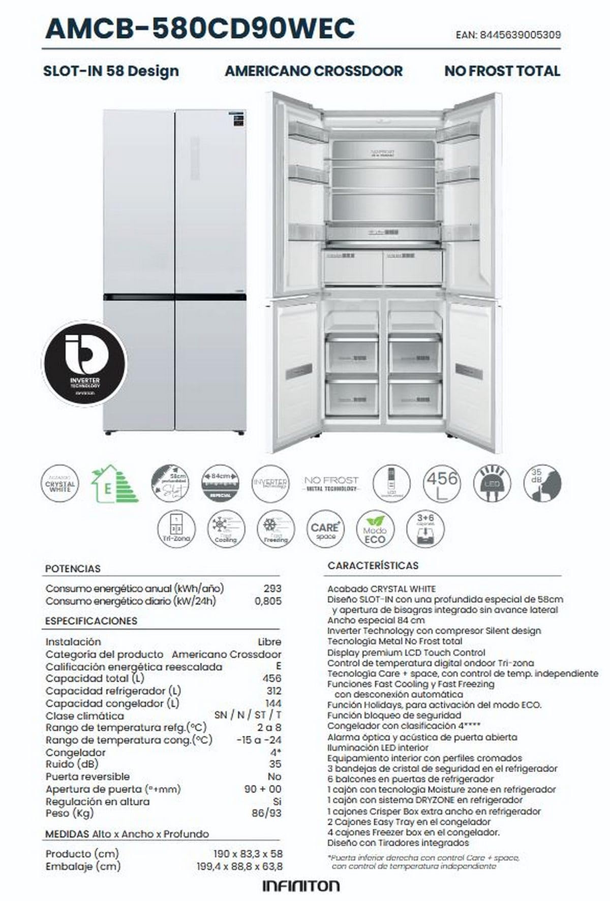 Frigorifico Americano Infiniton AMCB-580CD90, 190 cm de Altura, 456 Litros, E, Acabado en Cristal, Total No Frost (Blanco || AMCB-580CD90WEC)
