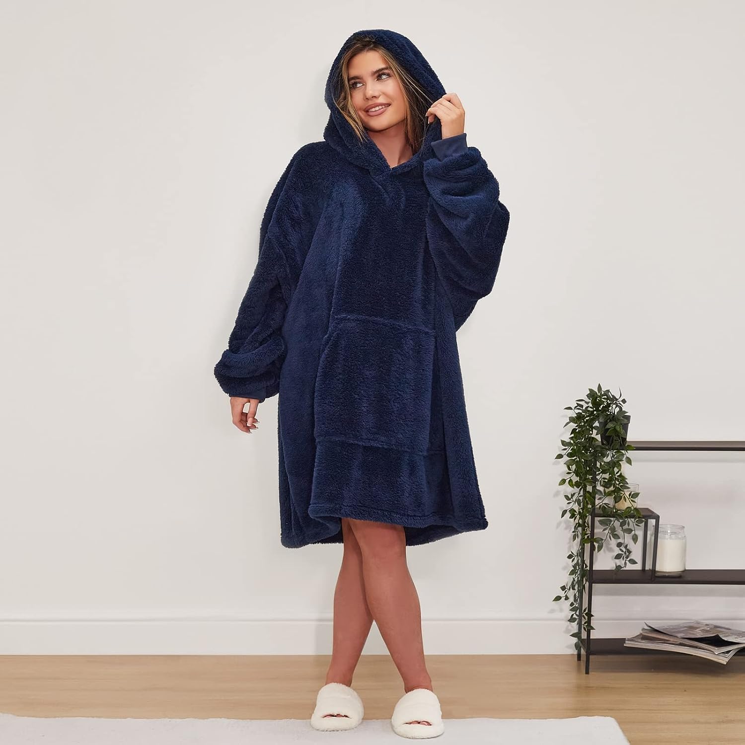 Brentfords Long Soft Teddy Fleece Oversized Hoodie Blanket Sweatshirt, Navy