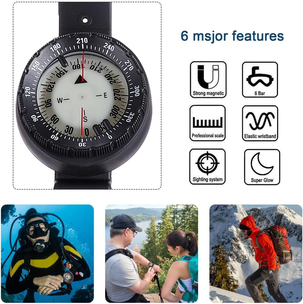 Waterproof Luminous Wrist Compass with Balance Design, Black Portable Watch Strap Compass for Diving Camping Hiking Outdoor Sports