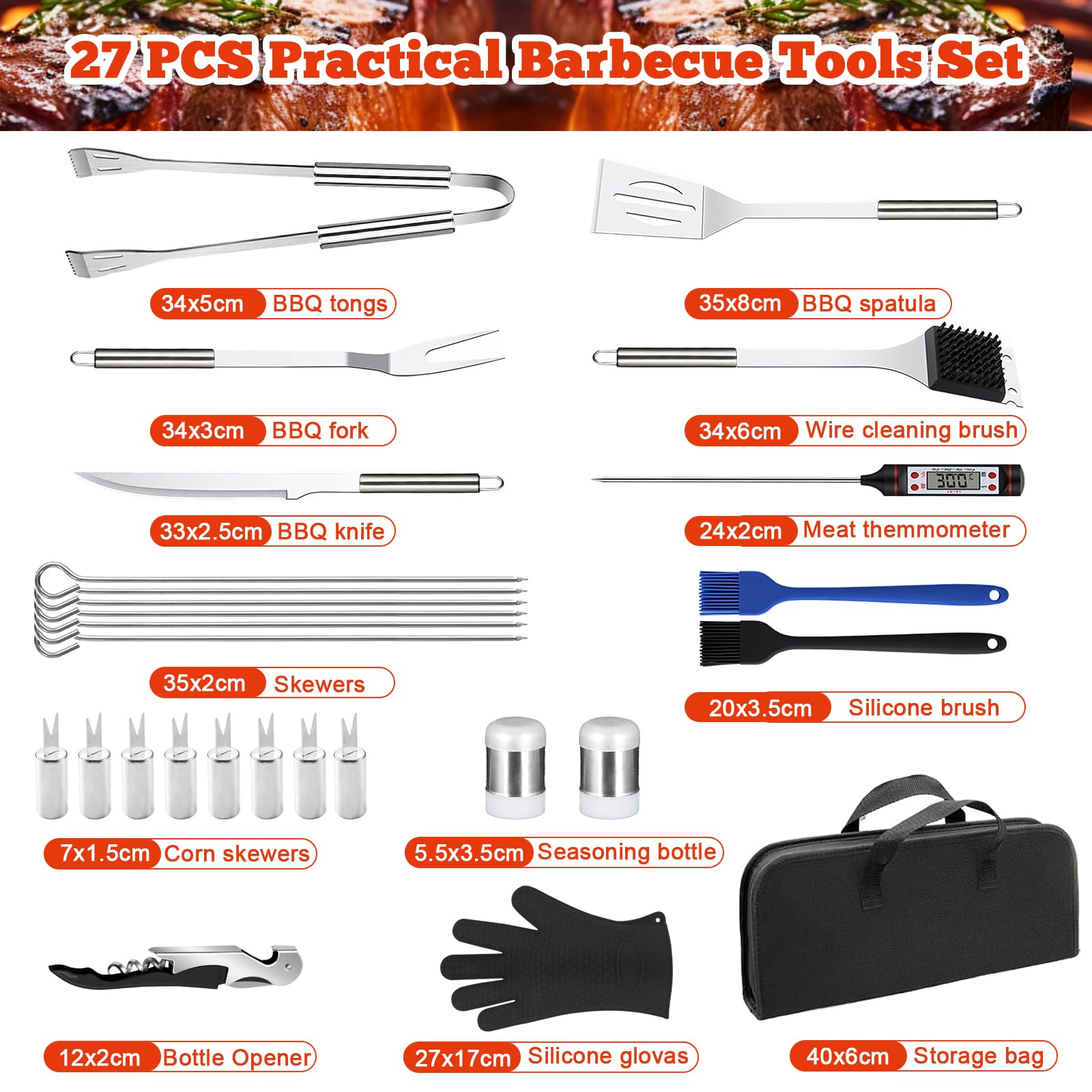 Set de Barbecue en Acier Inoxydable 27 Pièces, Ustensiles de Grillade Professionnels avec Sac de Rangement