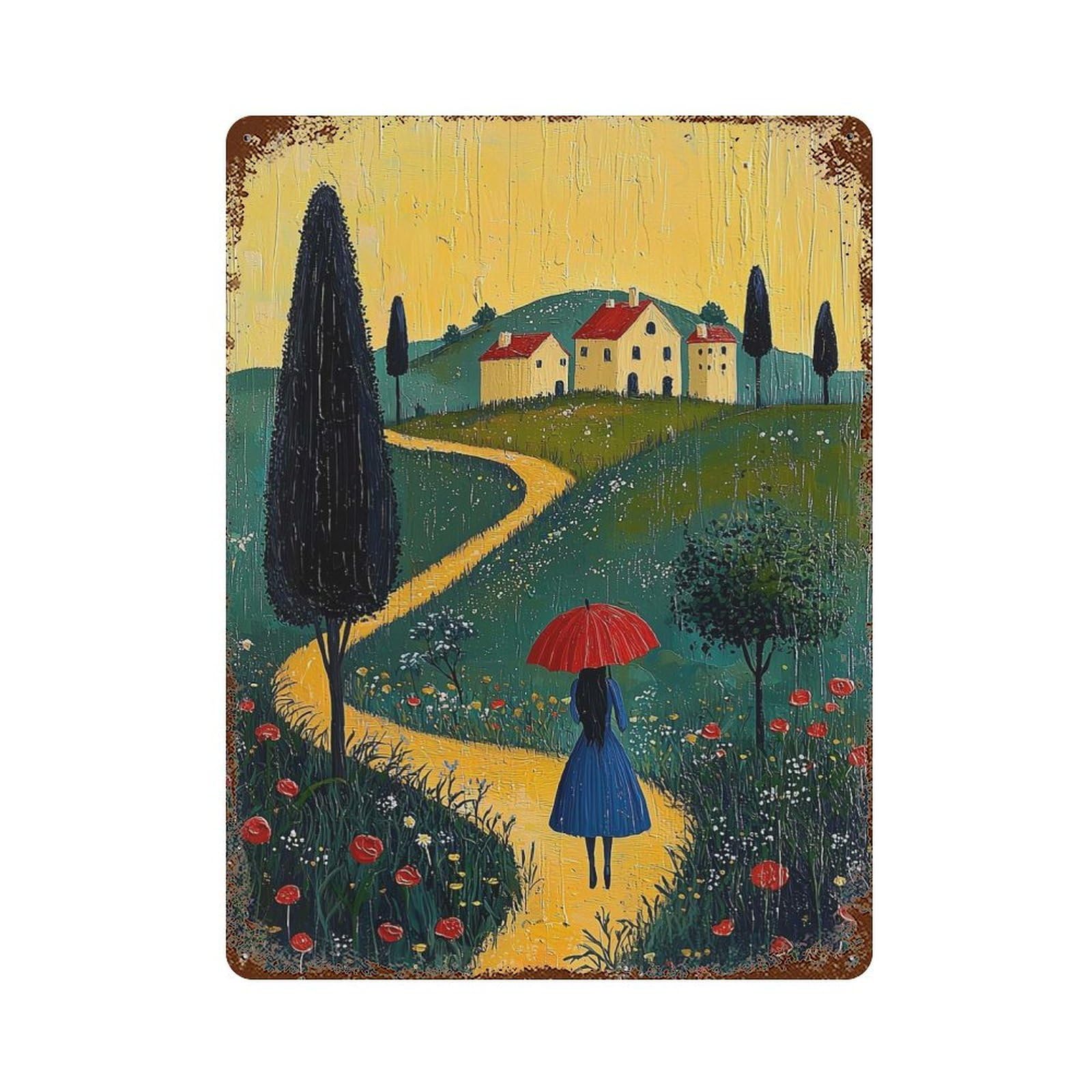 Garage Style Path to Home – Naïf Whimsical Journey Art Rustic Tin Plaque 15.7"x11.8", Industrial Home Decor for Bar And Workshop