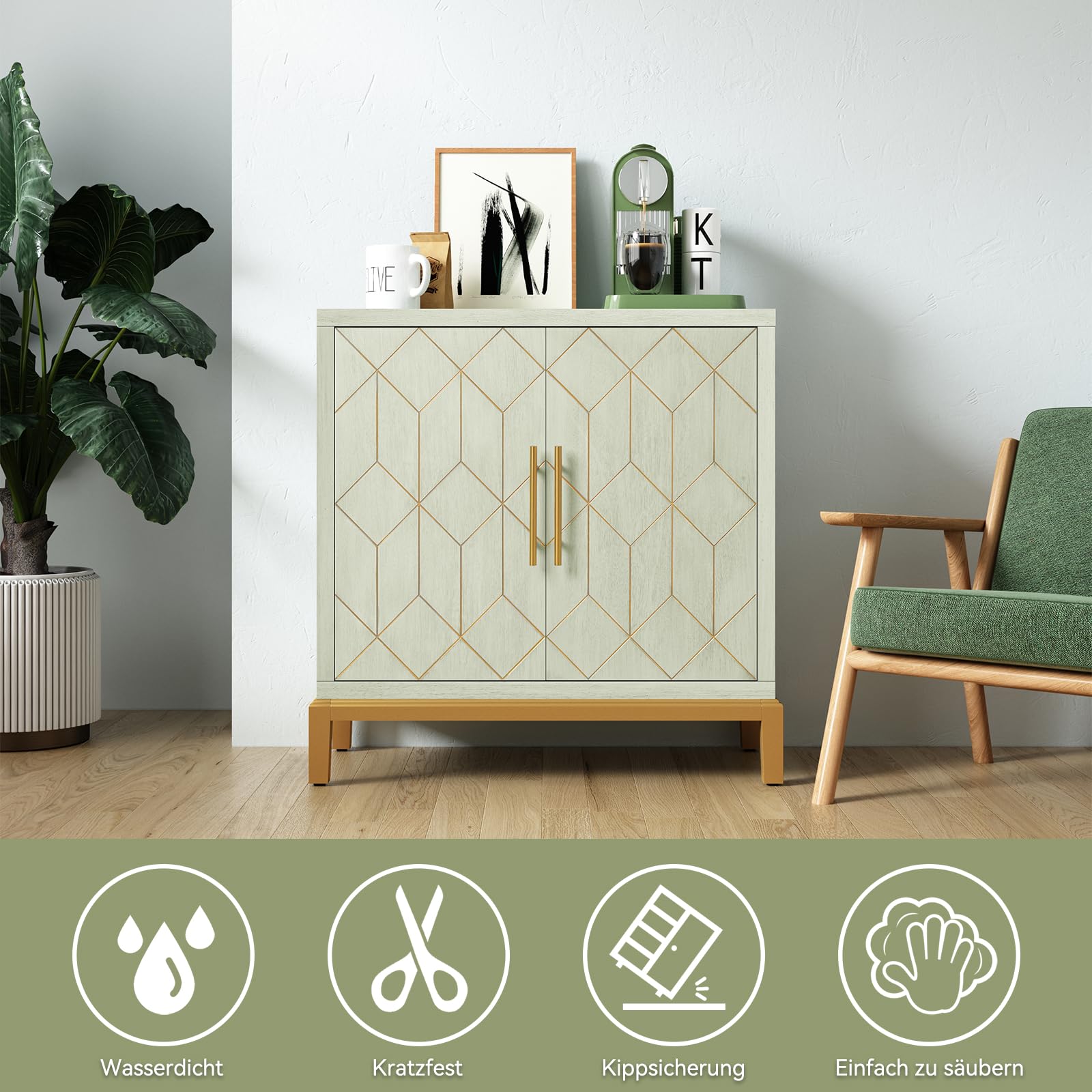 HOLTICO Küchenschrank Garderobenschrank Badezimmerschrank Wohnzimmerschrank Grün mit verstellbarem Regal,Schrank freistehend für Küche,Badzimmer,Wohnzimmer,Garage,goldene Linien und Beine