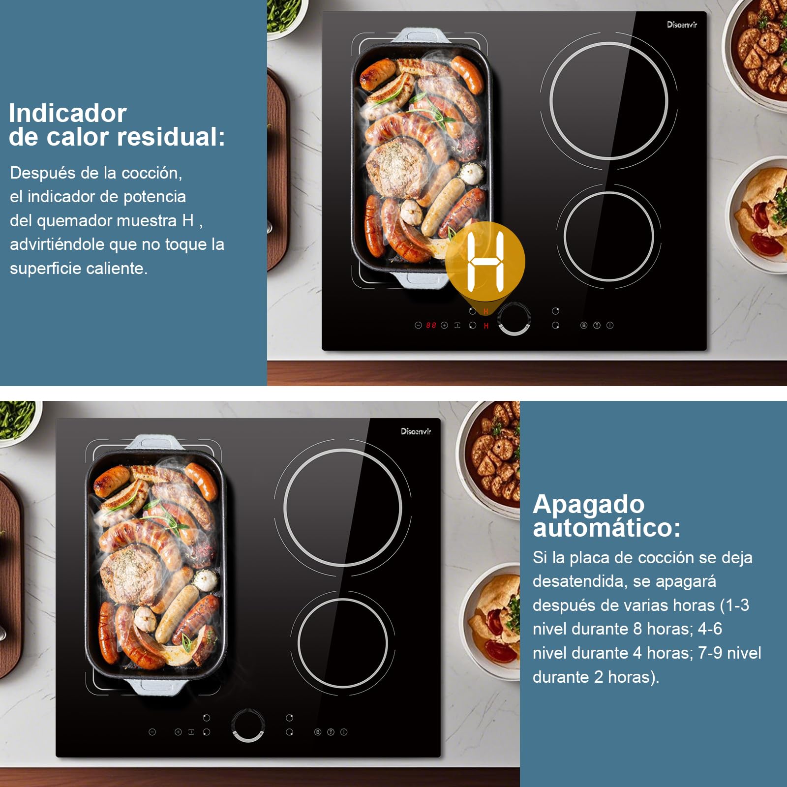 Placa Induccion 4 Fuegos 7200W, Placa de Inducción Integrada 4 Placas Disaenvir, Vitroceramica Induccion Flexible Zone, Función Boost, 9 Puestos, con Temporizador, Anti-Touch-Funktion