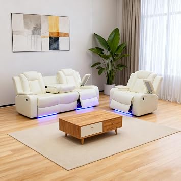 Power Reclining Sofa Sets for Living Room, Leather Recliner Sofa Set with LED Light, Cup Holder, Console Storage, Charging Pad for Home Theater SeatingSofa and Chair,Cream