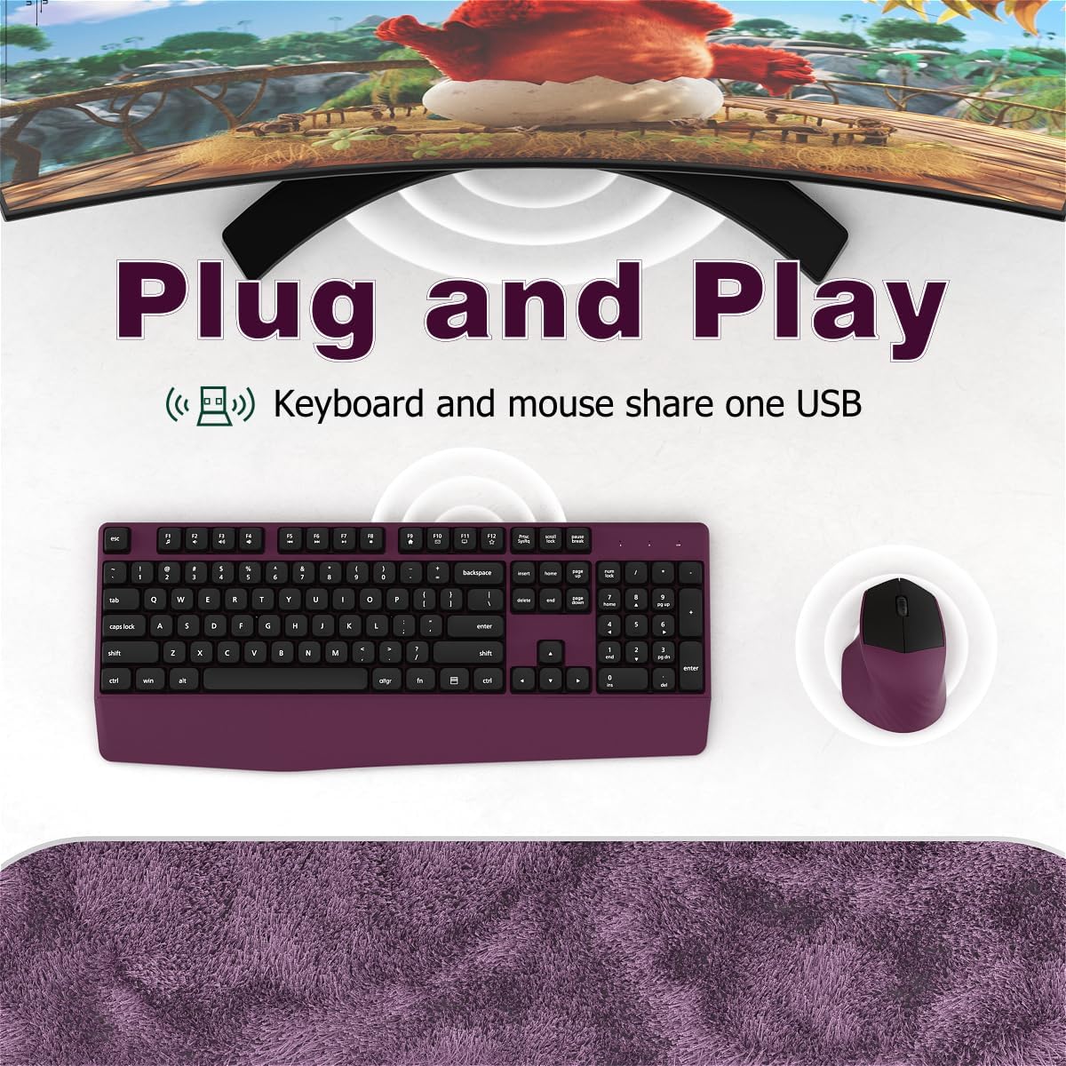 Wireless Keyboard and Mouse Combo, Ergonomic Keyboard with Wrist Rest, 2.4Ghz Wireless Connection, Compatible with PC/Laptop/Windows/Mac for Home and Office Use (Black Burgundy)