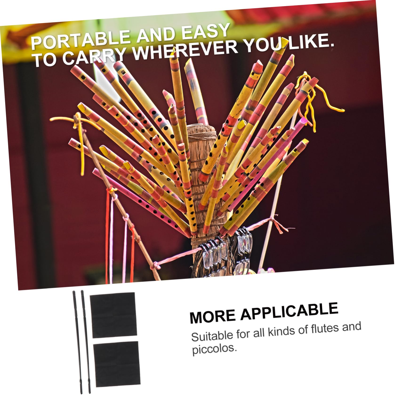 Wakauto 4pcs Flute Cleaning Rod Set Tarnishing Cloth for Flute Cleaning Flute Accessories