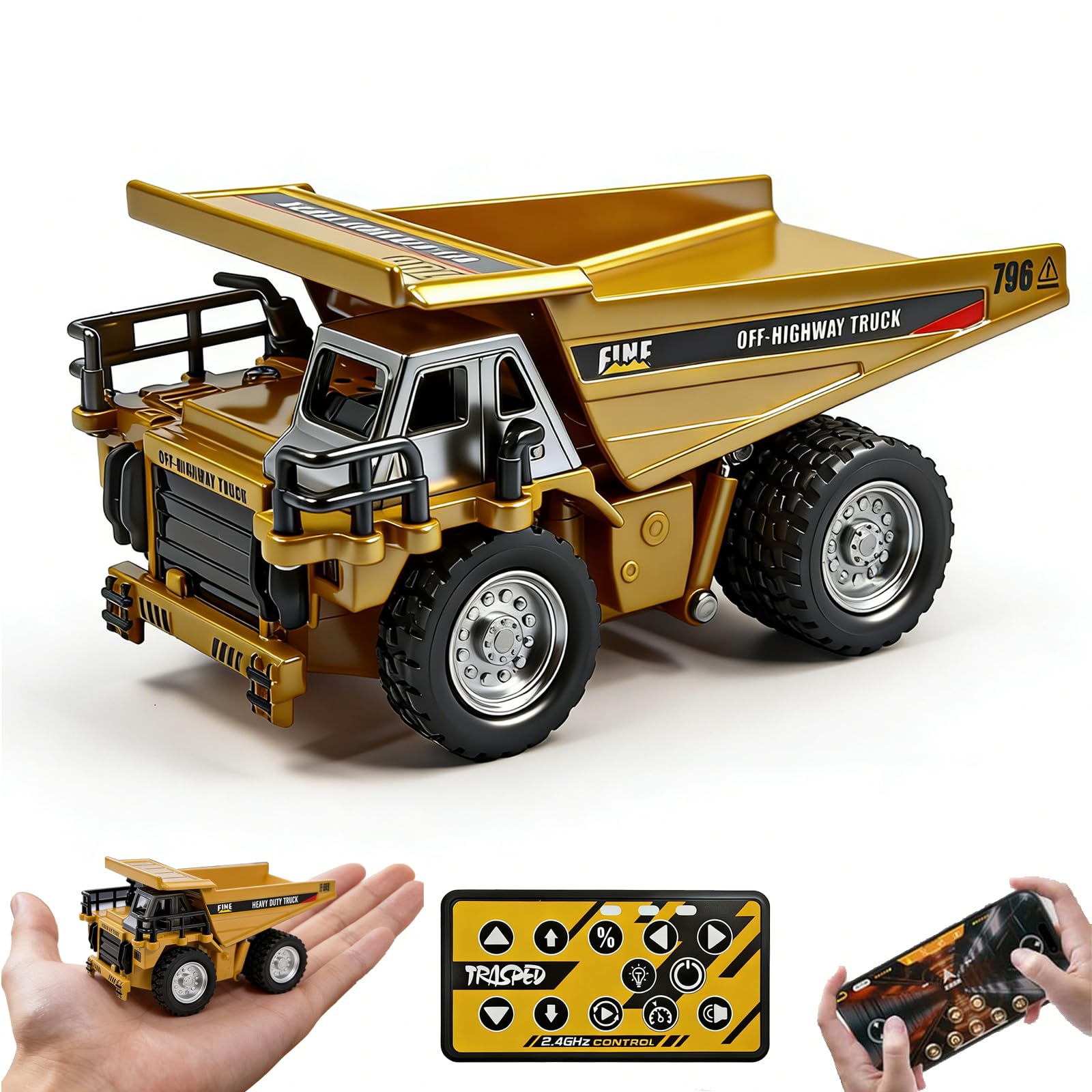 1 64 Mini RC Dump Truck Toy Alloy Metal Construction Vehicle with App Remote Dual Control Variable Speed