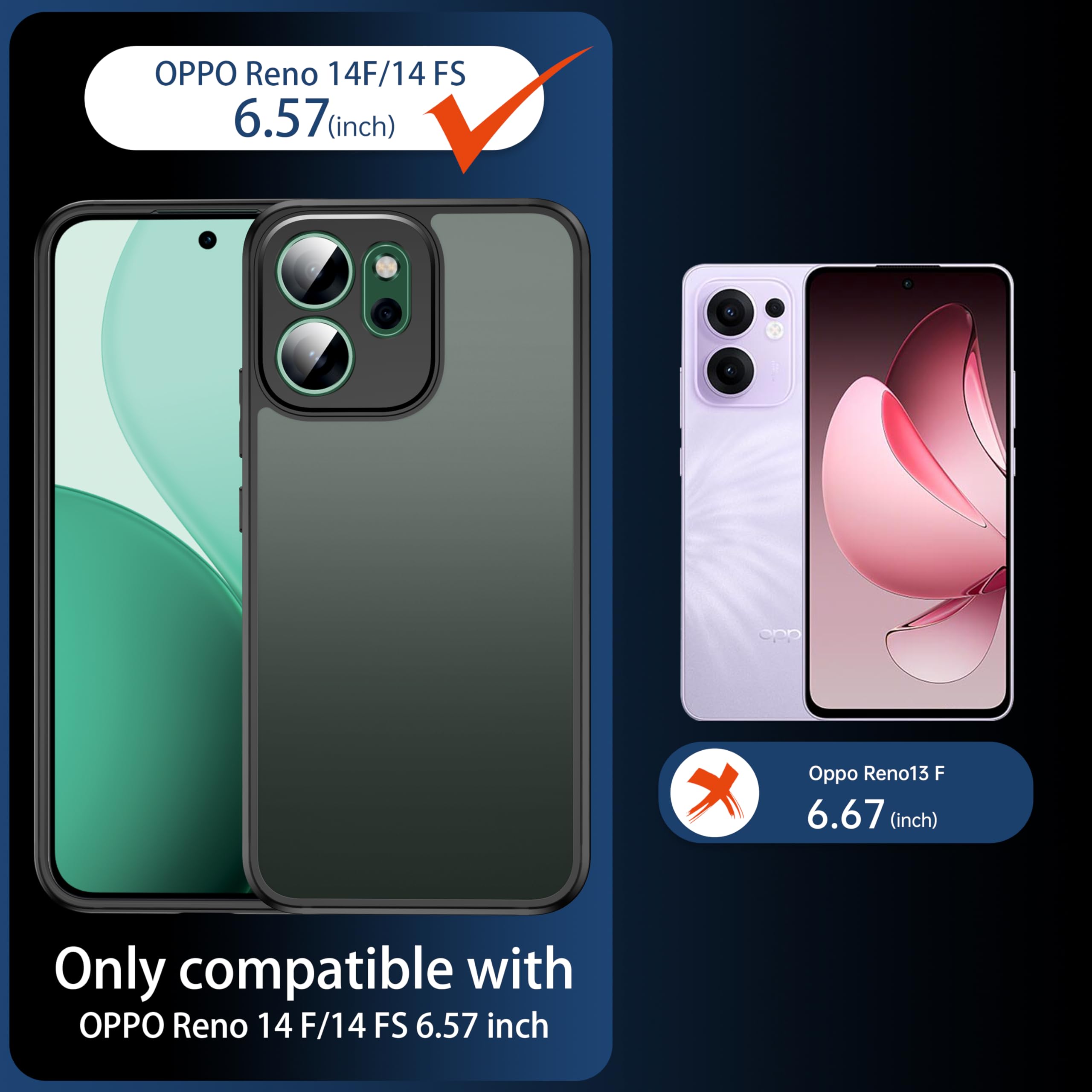 FLLAO Opaca Cover Compatibile con OPPO Reno 14 FS 5G / OPPO Reno 14 F 5G con 2 Vetro Temperato, [Della Fotocamera Protezione] Anticaduta Anti-Graffio Anti-Impronte Hard PC Glassata Custodia Nero