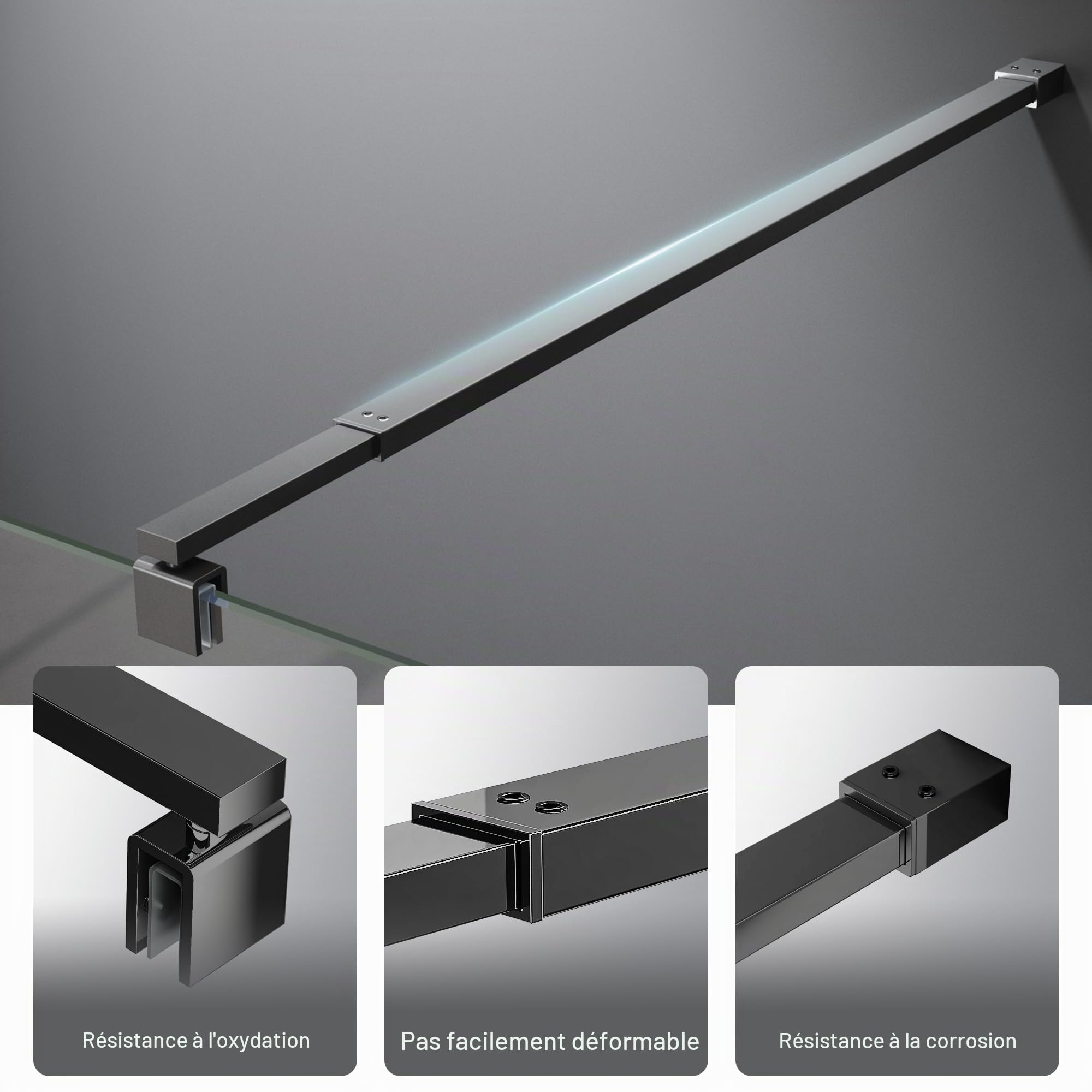 Barre d'appui réglable 73-123 cm - Tube carré - Barre de stabilisation pour douche, paroi en verre, barre d'appui pour épaisseur de verre de 6 à 10 mm - Noir mat