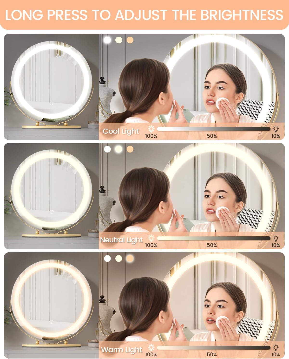 GAOMON 2024 New 19 Inch Vanity Mirror with LED Lights, HD Makeup Mirror with Touch Control & 3 Color Lighting Modes, Round Desk Mirror, 360°Rotation, for Bedroom Tabletop, Easy to Install (Gold)
