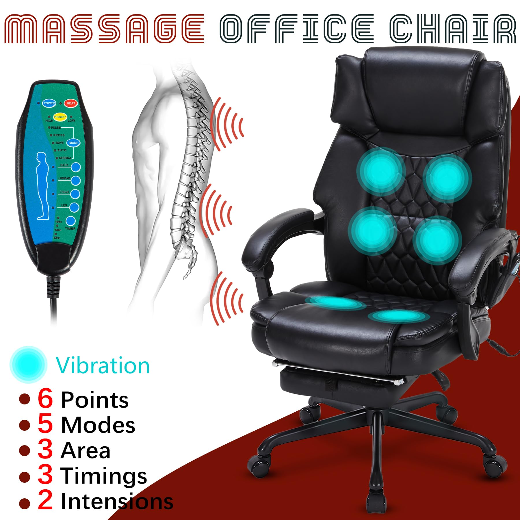 Massage Office Chair with Foot Rest 6 Points Vibration and Heat Home Office Desk Chairs for Heavy People — view 3